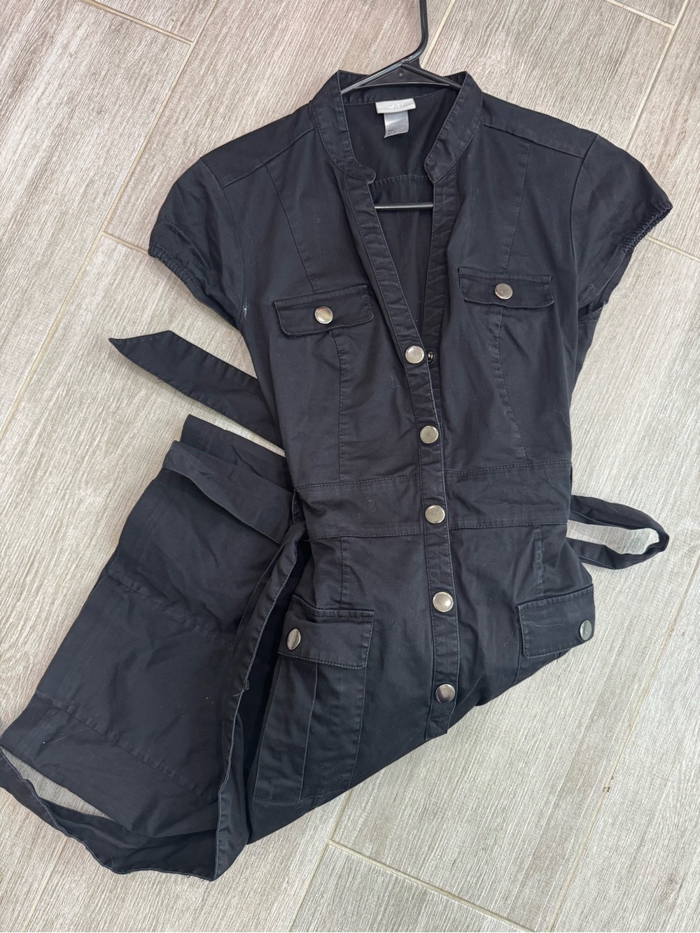 Utility Black Short-Sleeve Midi Dress with Front Snap Buttons